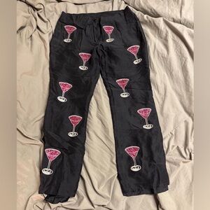 Chic Black Martini Glass Embroidered Pants